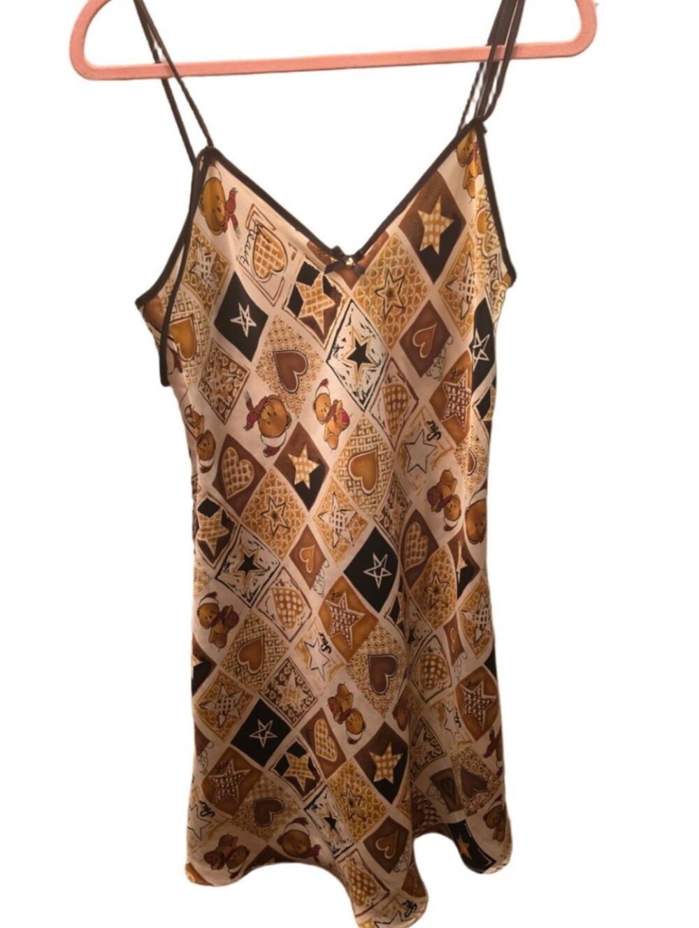 Y2K Teddy Bear Heart Star Print Satin Slip Mini Dress Blush Lingerie